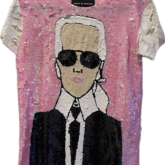 House of Mua Mua KARL PORTRAIT SEQUIN MAXI TEE DRESS. - Picture 4 of 6